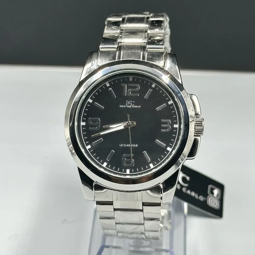 Montres Carlo Watch Men Silver Tone Black Dial Round 43MM New Battery 8.25